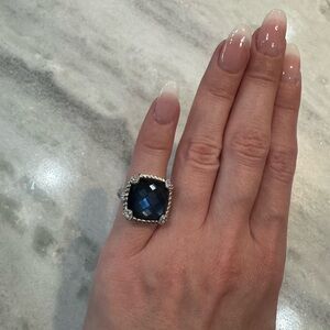 Judith Ripka Faceted Blue Navy Ring Silver 925 Hematite and Quartz size 5.5